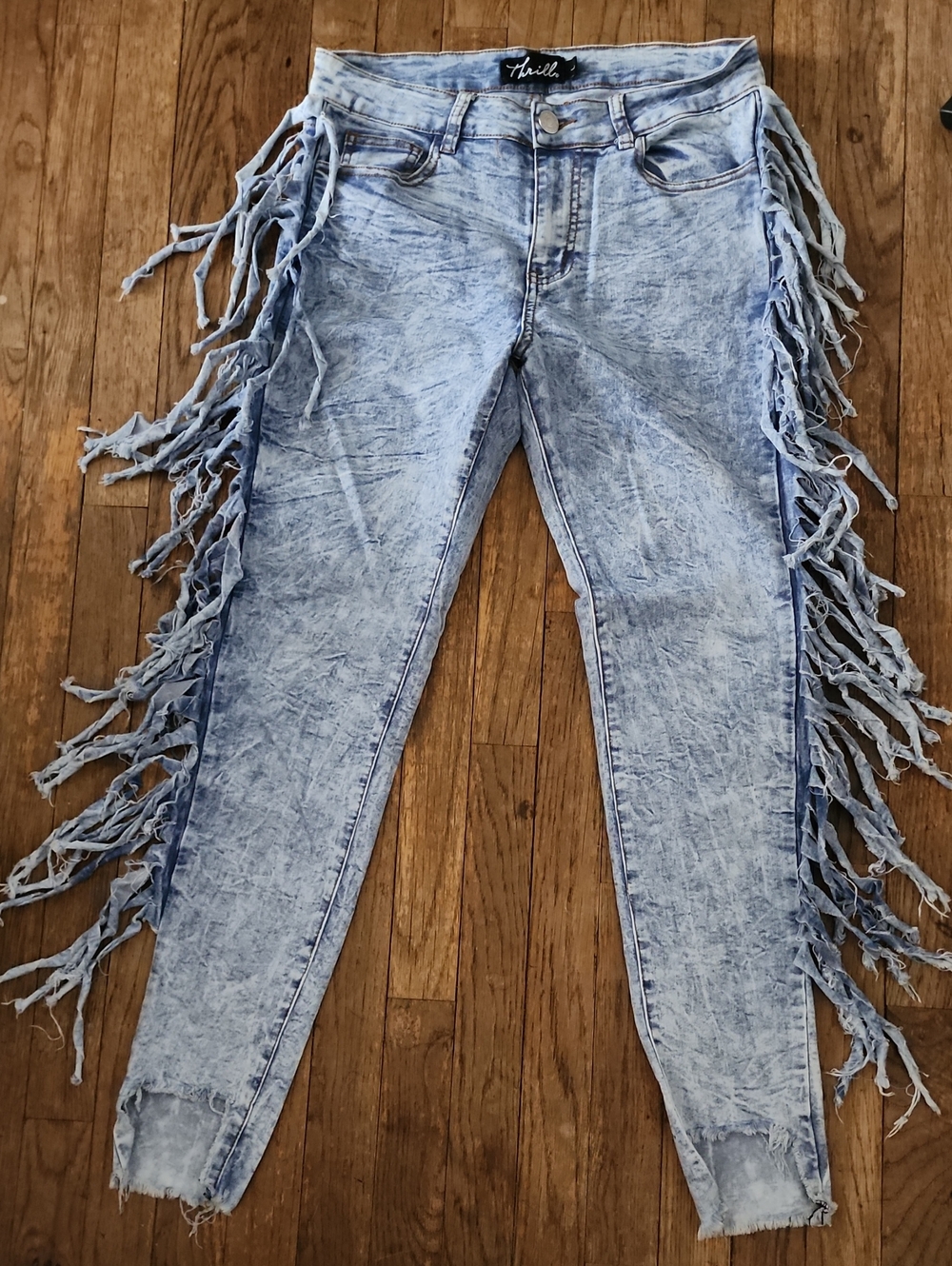 Thrill Acid Wash Light Blue Distressed Fringe Raw Skinny Jeans 10" Rise L 10-12